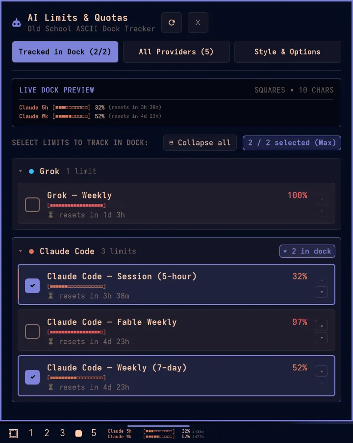 AI Limits and Quotas popup with ASCII progress bars for Grok and Claude Code, above the dock