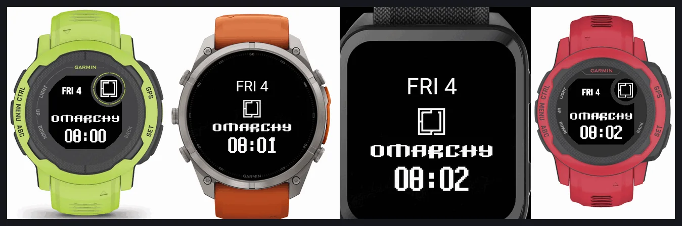 The Omarchy face on four Garmin watches: Instinct, fenix, Venu X1 and a red Instinct