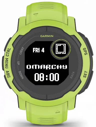 The Omarchy face on a lime Instinct 2X Solar, with the Omarchy mark in the sub-window