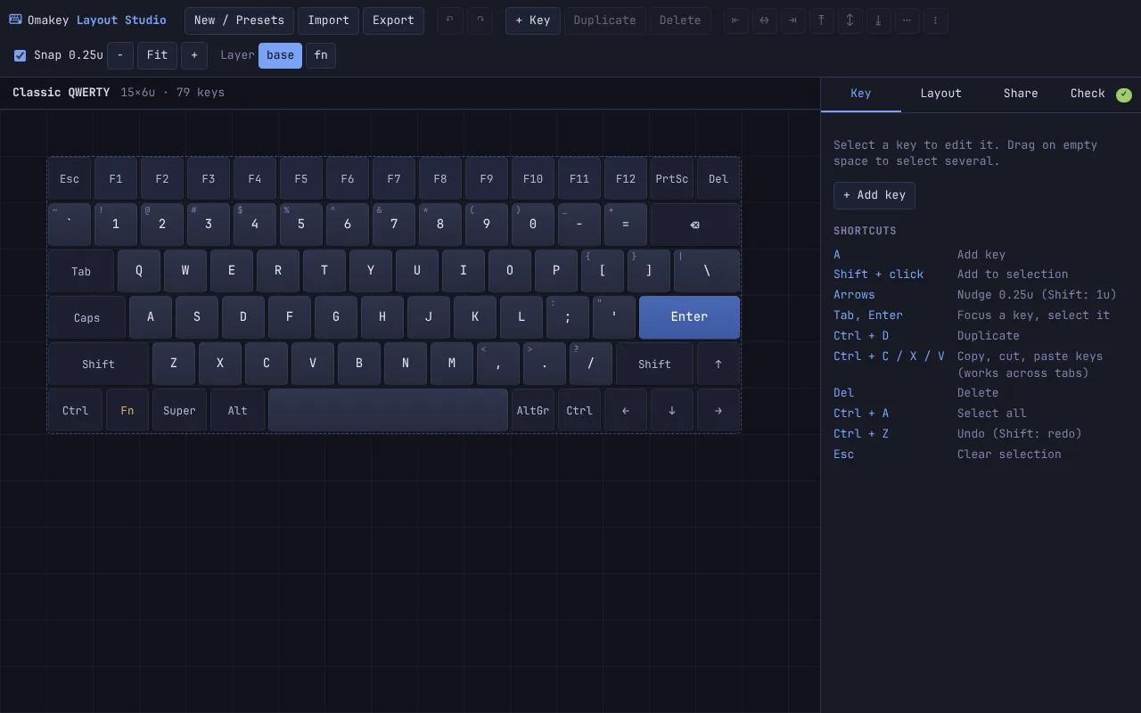 Omakey Layout Studio editing a classic QWERTY phone keyboard layout in the browser