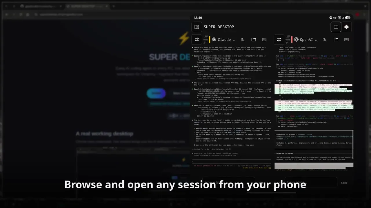 The SUPER DESKTOP Android app on a foldable phone, listing the PC's agent sessions