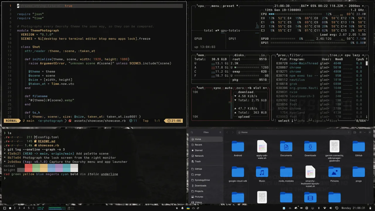 Loca Deserta Dark: Neovim, btop, a terminal and Files in carbon black and brass