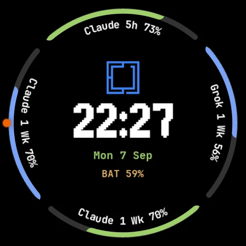 Round Wear OS watch face with four arcs for Claude and Grok quotas around a pixel clock